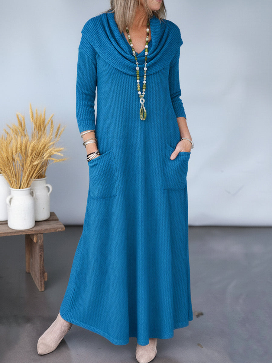 Elegant Cowl Neck Solid Color A-line Pocket Knit Maxi Dress