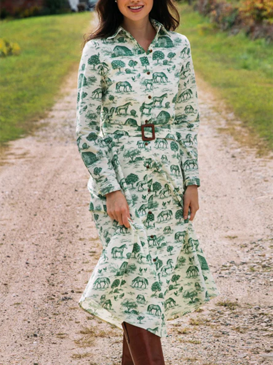 Women's Fun Retro Farm Print Lapel Cotton Midi Dress