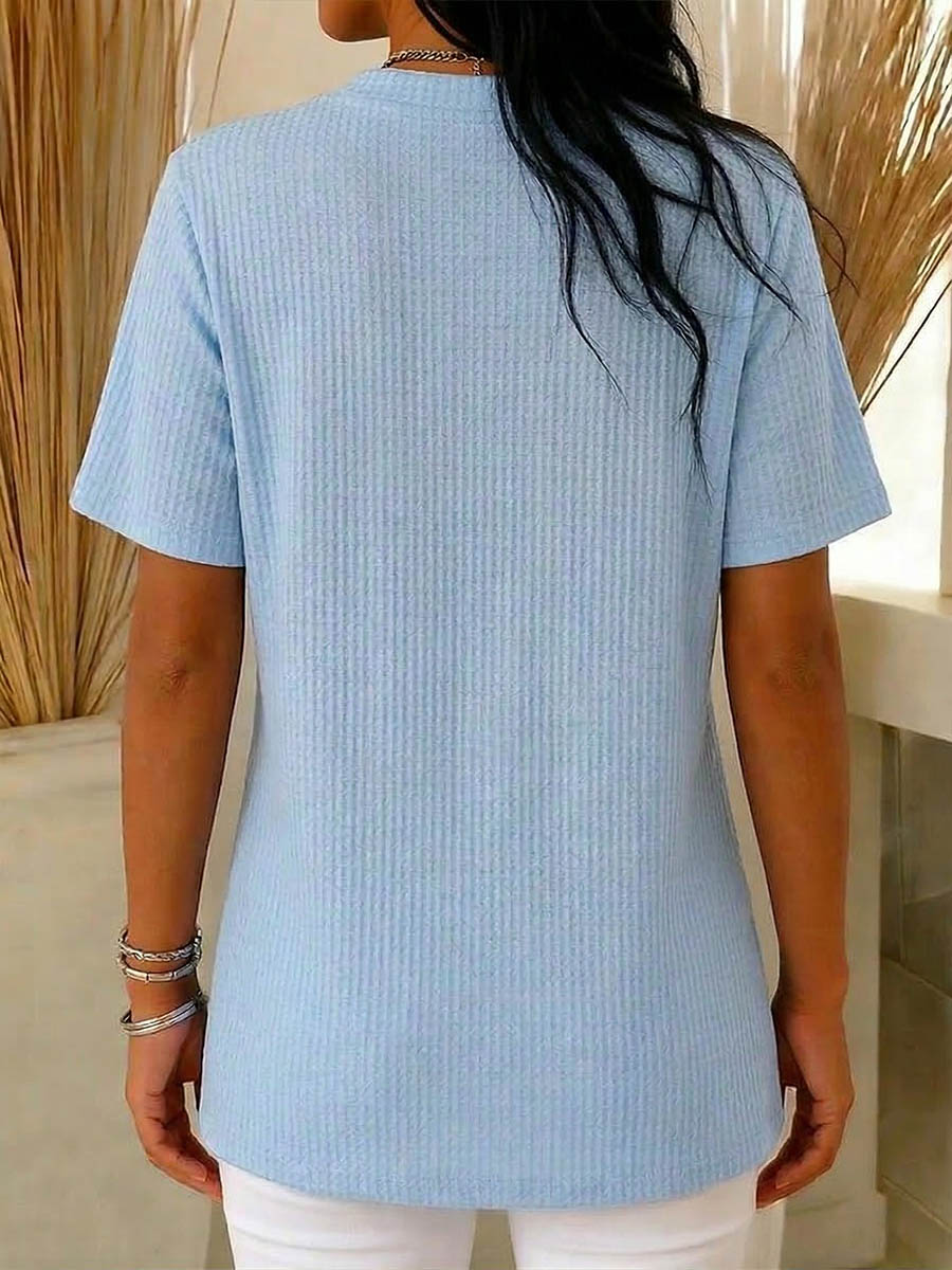 Women's V-Neck Short-Sleeve Casual Loose Waffle-Knit Cotton Top