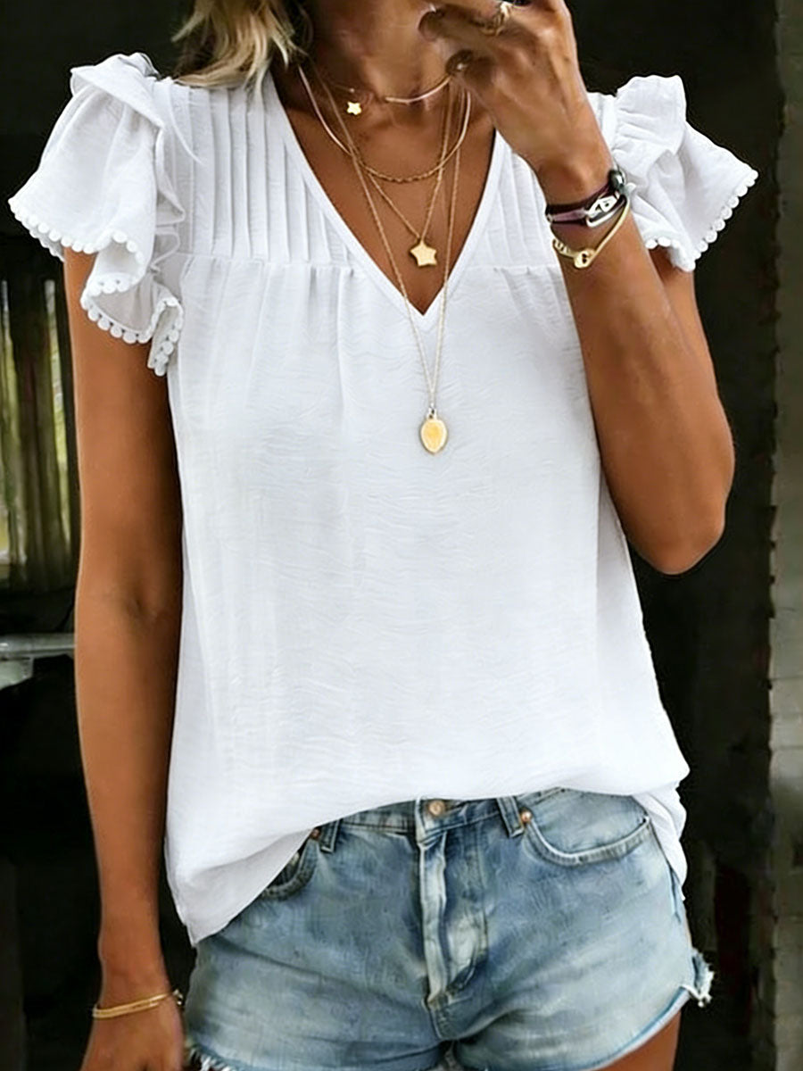 Women's Ruffled V-Neck 100% Cotton Short-sleeve Shirt