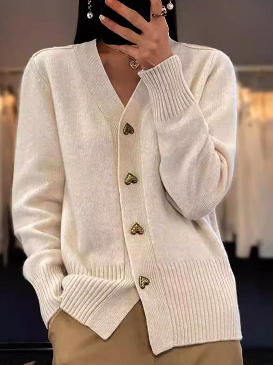 Women's Solid Color V-Neck Long Sleeve Casual Loose Cardigan Sweater
