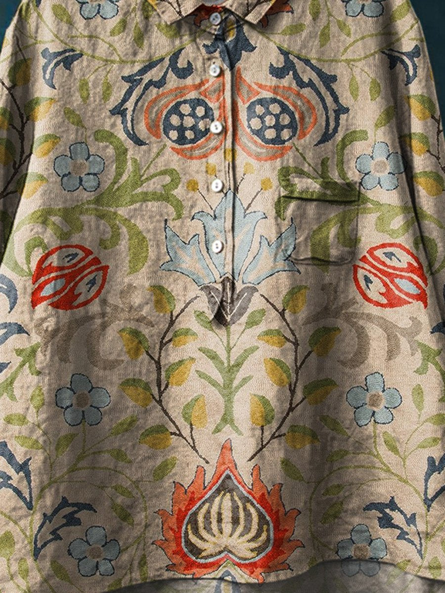 Women's Vintage Ethnic Floral Art Print Casual Cotton And Linen Shirt