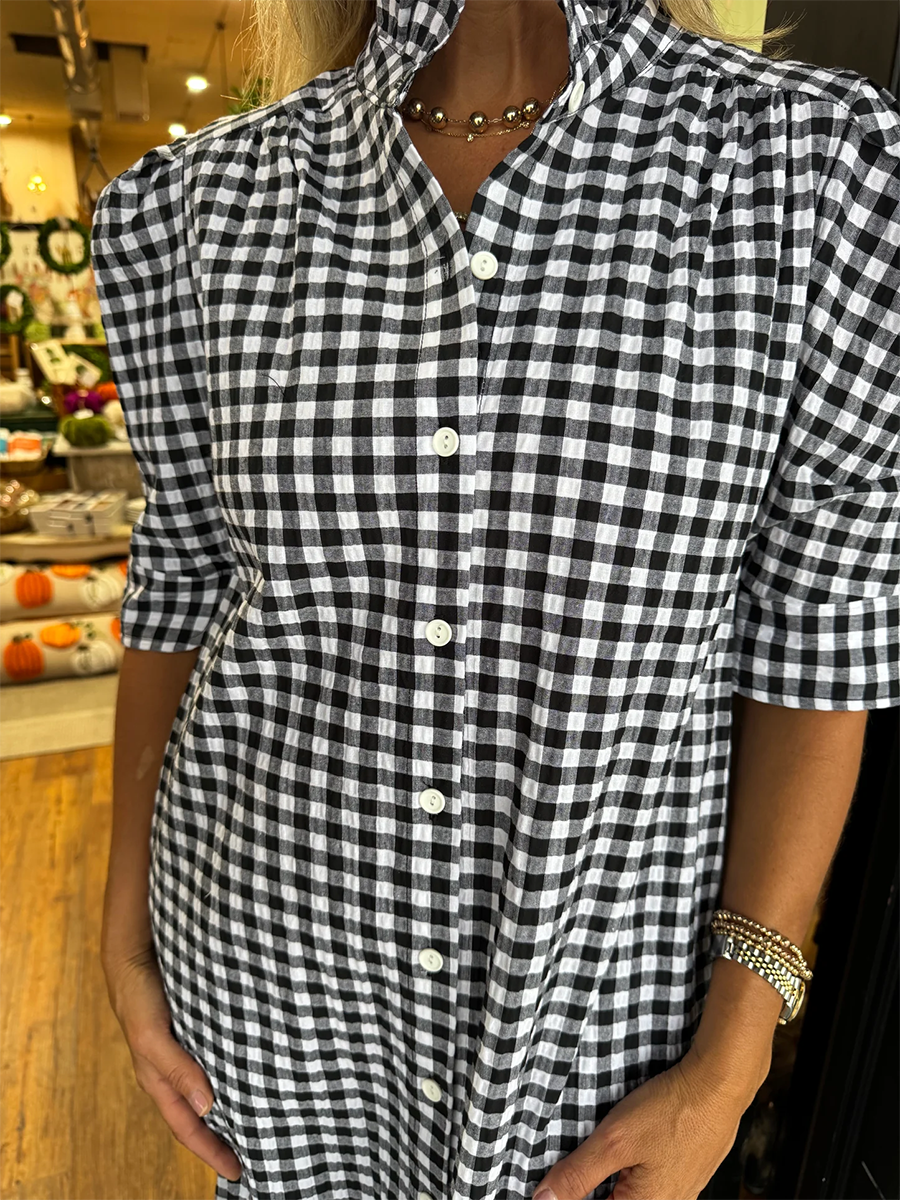 Women's Lace Stand Collar Plaid Print Cotton Dress