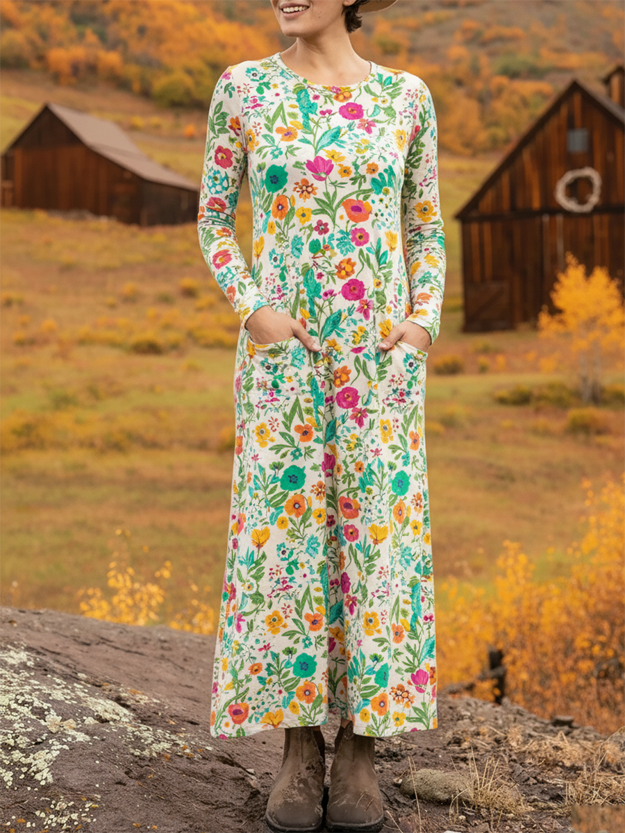 Women's Floral Print Pocket Stretch Dress Green