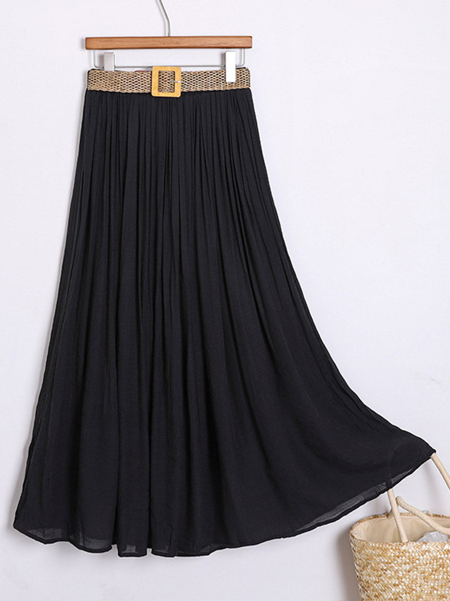 Women's Solid Color Elastic Waist Braided Belt Casual Cotton and Linen Skirt