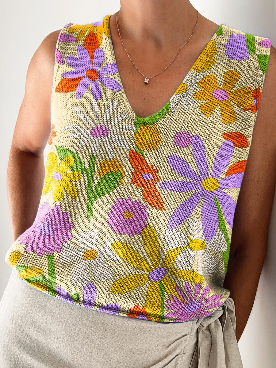 Women's Beautiful Colorful Large Flower Painting Art Print Casual V Neck Top Knitting