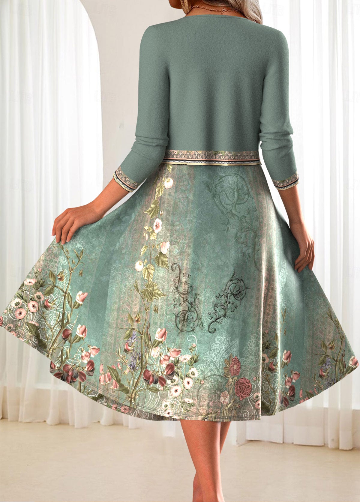 Sage Green Two Piece Floral Print Dress and Cardigan