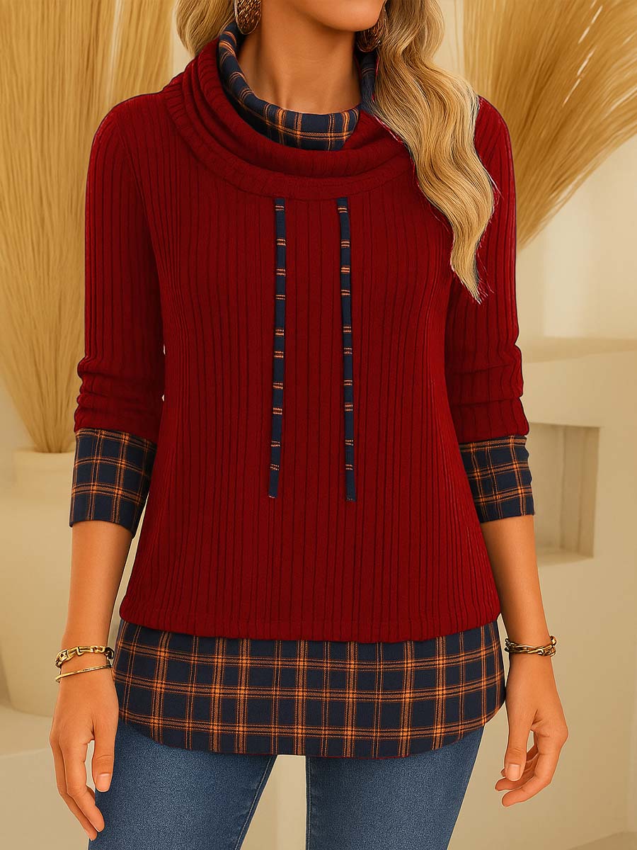 Women's Plaid Patchwork Pile Neck Long Sleeve Casual Loose Knit Top