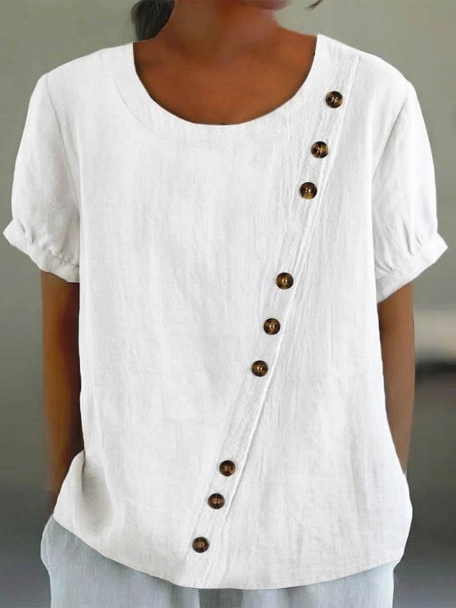 Women's Cotton-linen Short-sleeve Top With Round Neck And Buttons