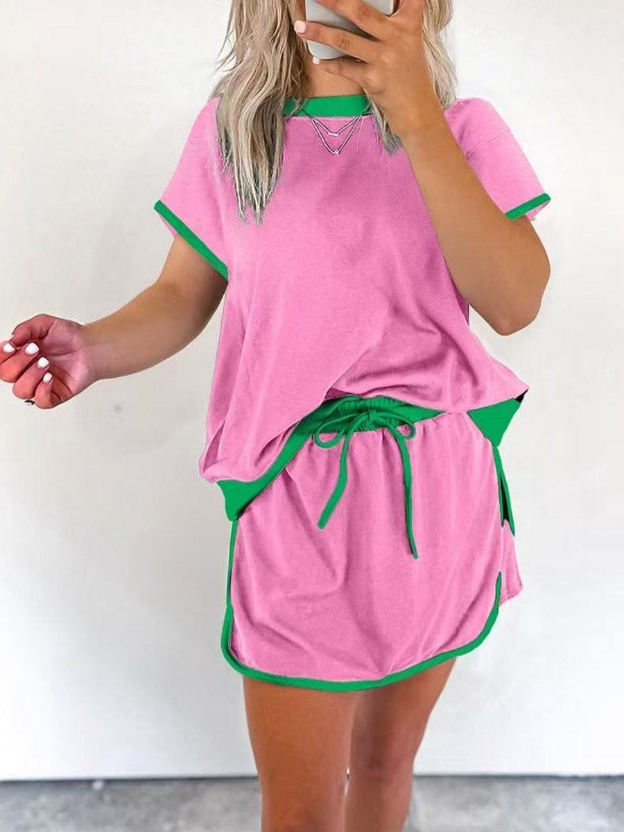 Women's Crew Neck Short Sleeves Contrast Trim Loose Casual Tops Elastic Waist Tie Contrast Trim Loose Skirt Sporty Outfits