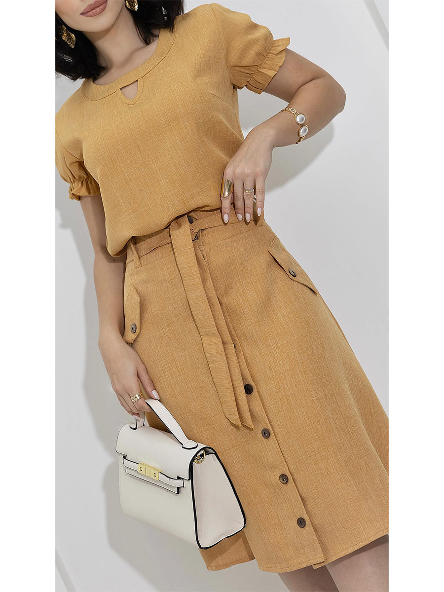 Women's Linen Cotton Short-sleeved Top and Tie Skirt Two-piece Set