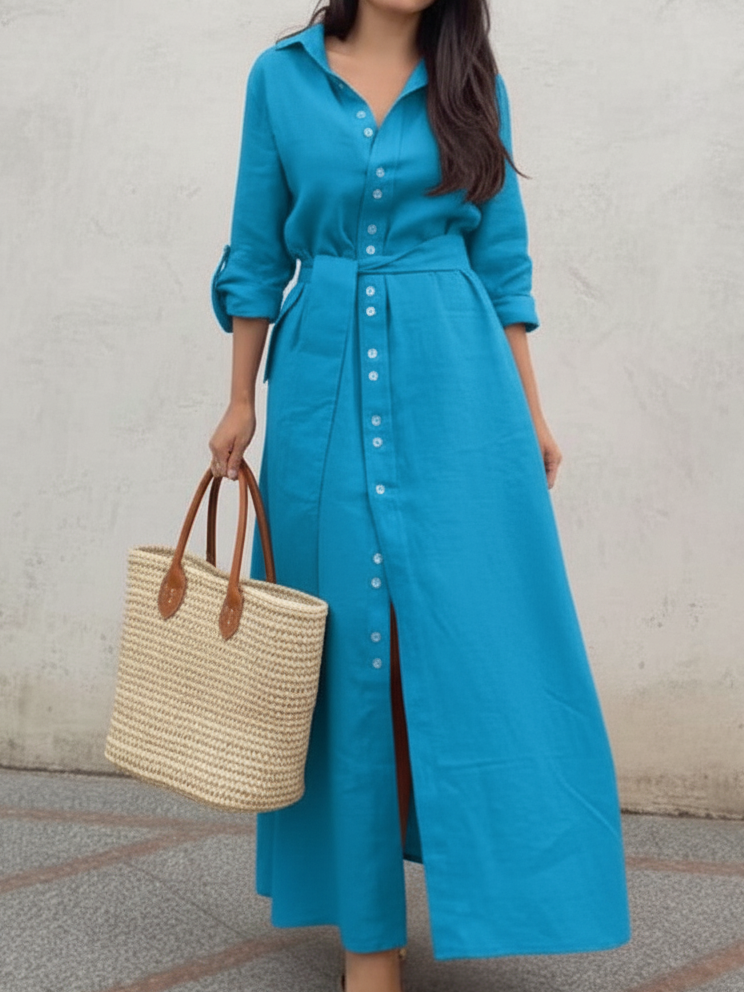 Classic Stand-up Collar Button-down Linen Maxi Dress