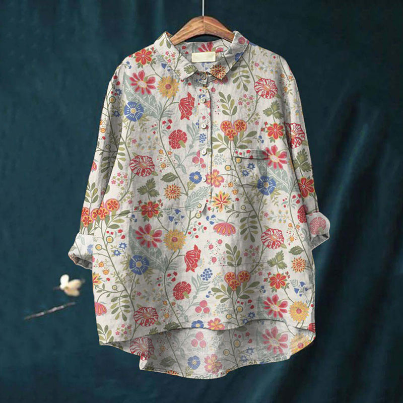 Women'S Pastoral Floral Art Print Cotton Linen Casual Shirt