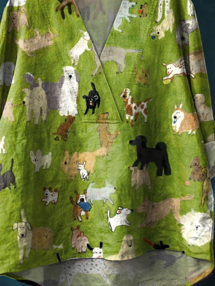 Women's Cute Happy Dog Art Print Casual Cotton And Linen V-neck Shirt