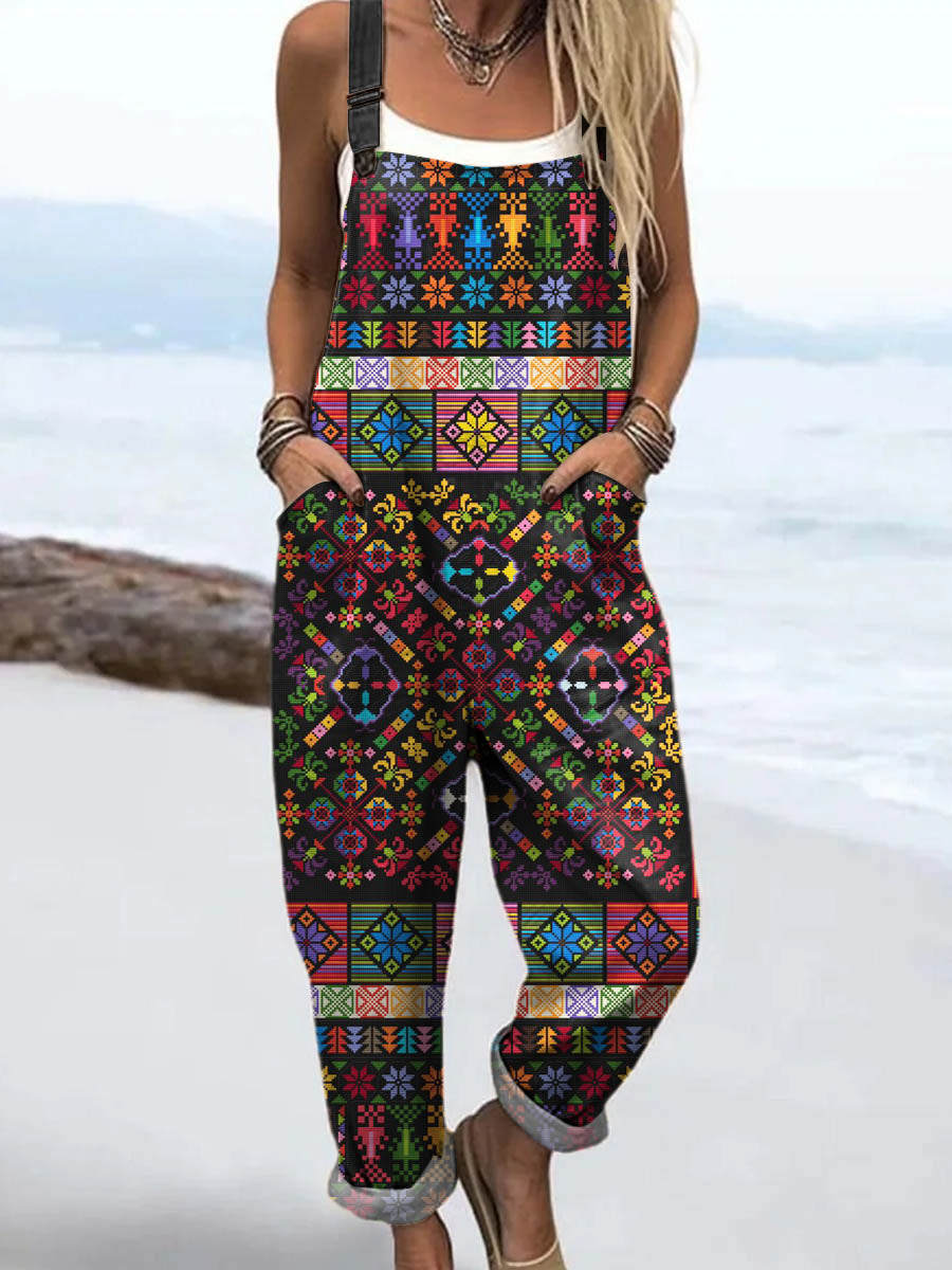 Women's Vintage Geometric Pattern Art Print Casual 100% Cotton Wide Leg Jumpsuit