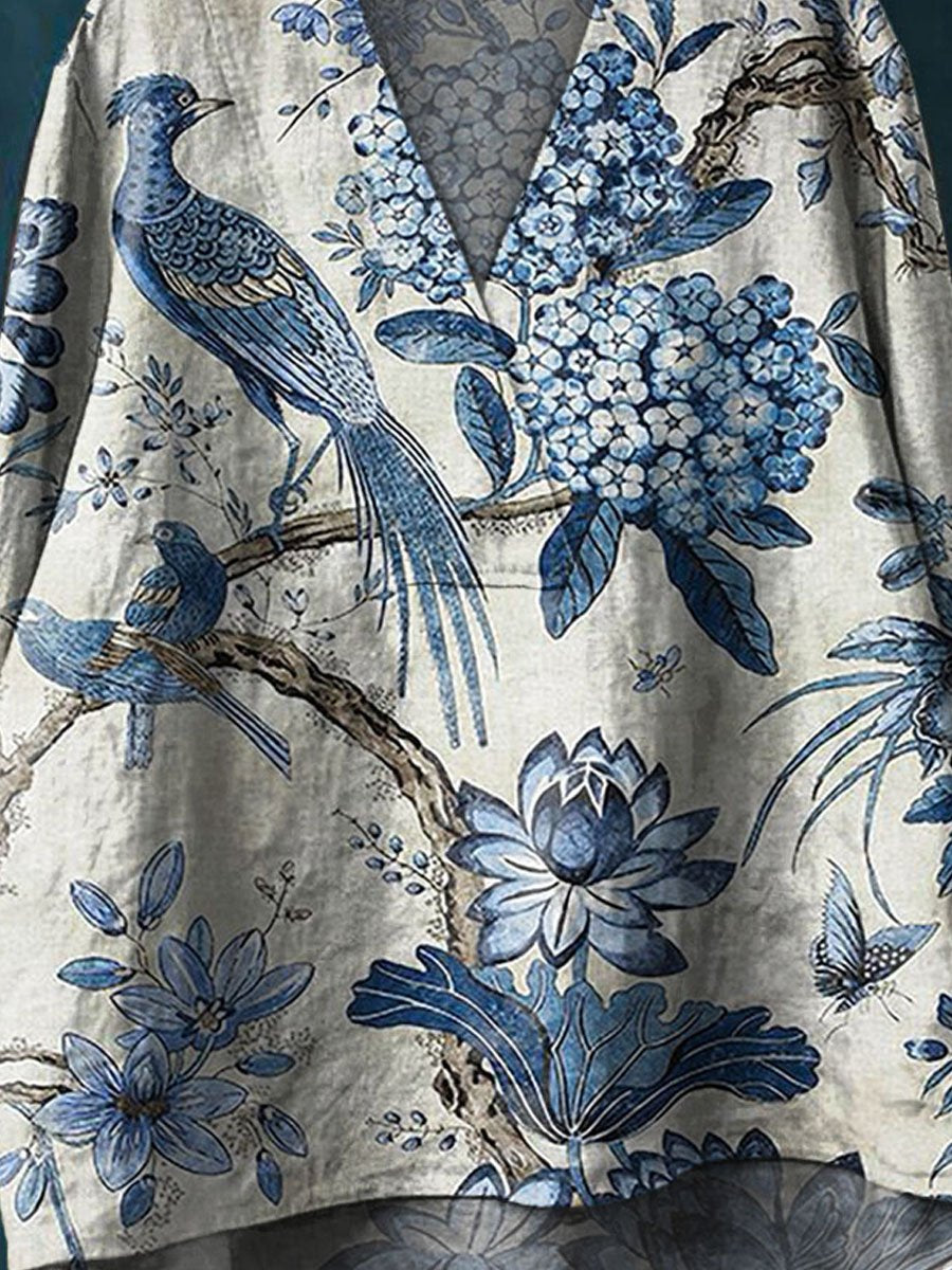 Women's Vintage Lovely Floral Birds Art Print Casual Cotton And Linen V-neck Shirt