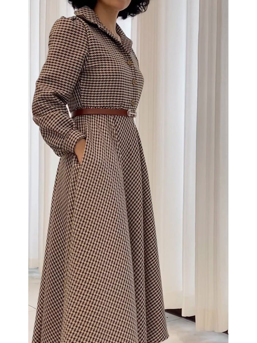 Women's Vintage Houndstooth Long Sleeve Dress