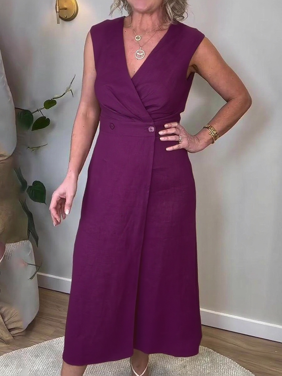 Women's Elegant Button V-Neck Linen Dress