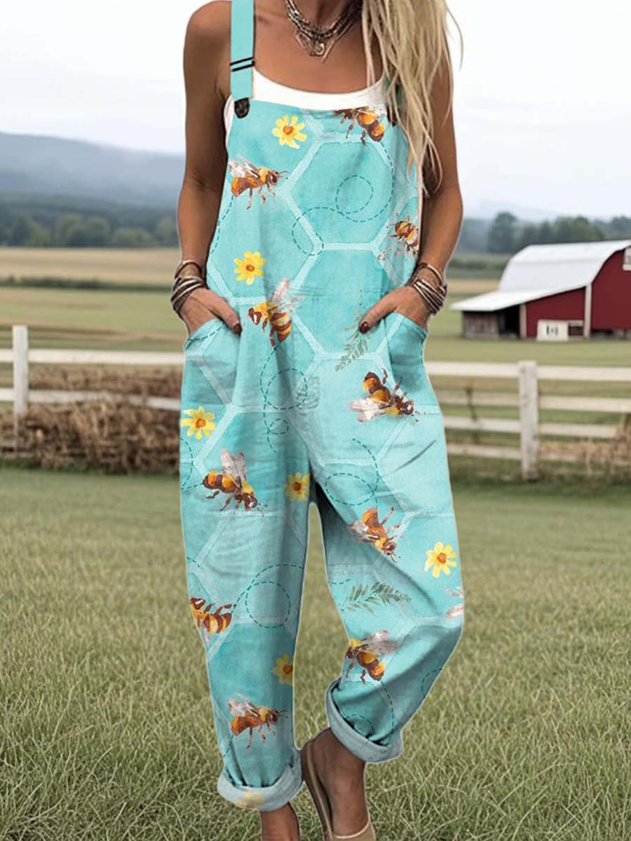 Women's Lovely Floral Bees Art Print Casual 100% Cotton Wide Leg Jumpsuit