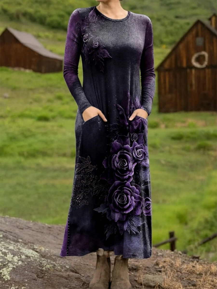 Autumn and Winter Retro Dark Purple Flower Print Stretch Dress