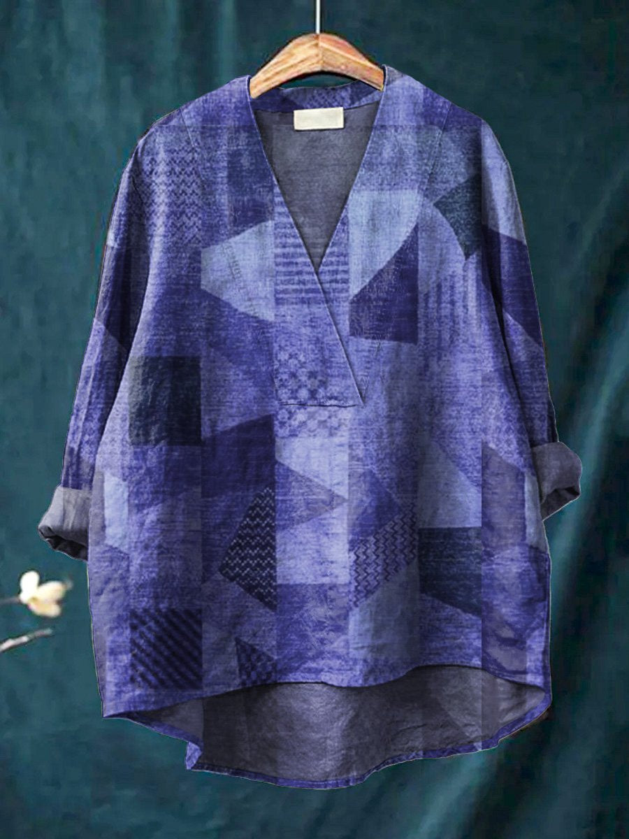 Ethnical Style Patchwork Pattern Printed Women's Casual Cotton And Linen V-neck Shirt