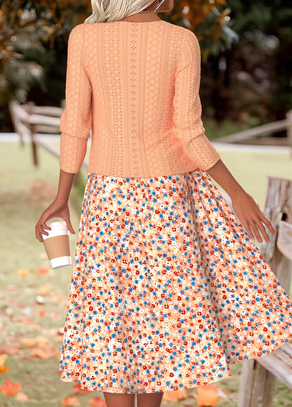 Orange Ditsy Floral Print Long Sleeve Dress and Cardigan