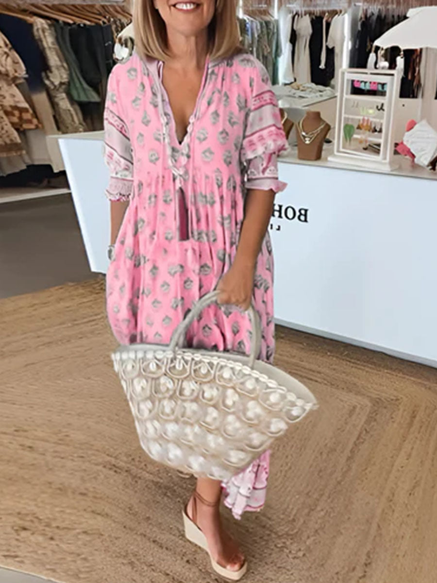 Women's Bohemian Print V-Neck Short Sleeve Casual Loose A-Line Dress