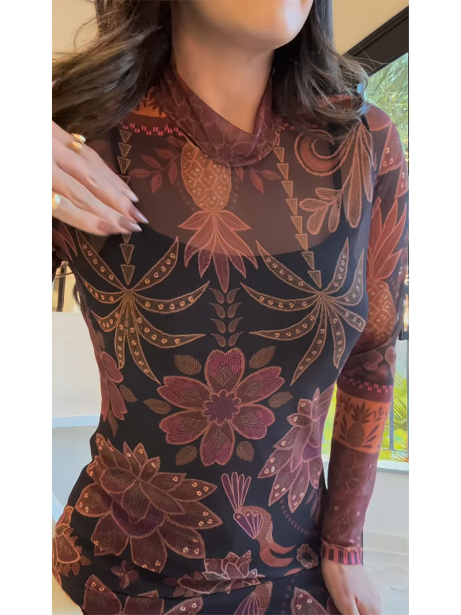 Women's Stretch-mesh Vintage Floral-print Long-sleeved Dress