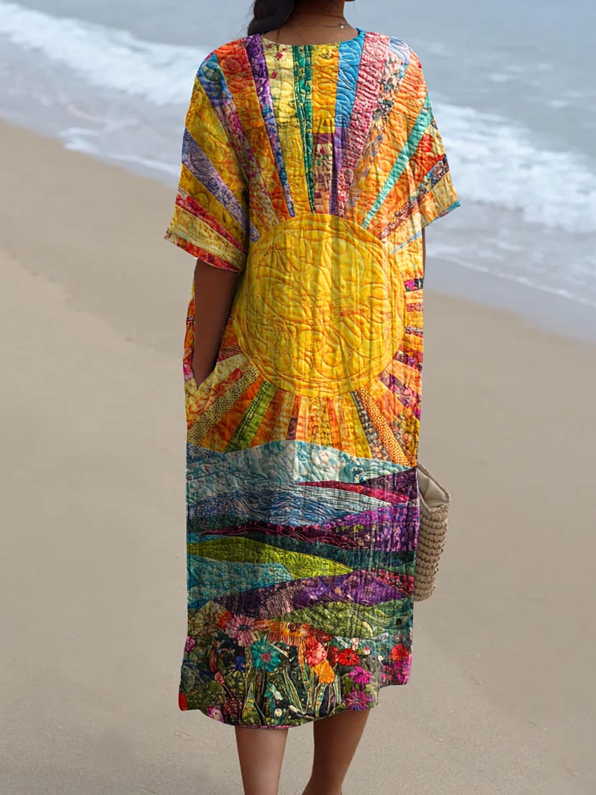 Women's Vintage Lovely Sun Floral Art Print Flowy Dress