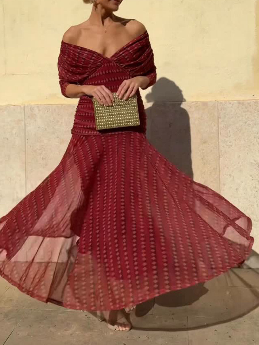 Women's Polka Dot Print V-Neck Long Sleeve Stretch Mesh A-Line Dress