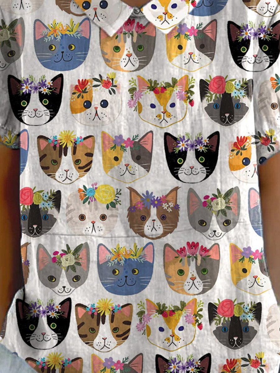 Women's Vintage Lovely Cats Floral Art Print Casual Cotton And Linen Shirt