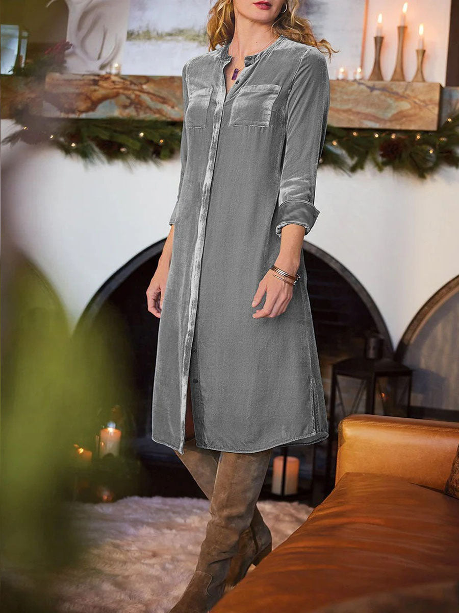 Women's Solid Color V-Neck Long Sleeve Casual Loose Velvet Autumn and Winter Dress