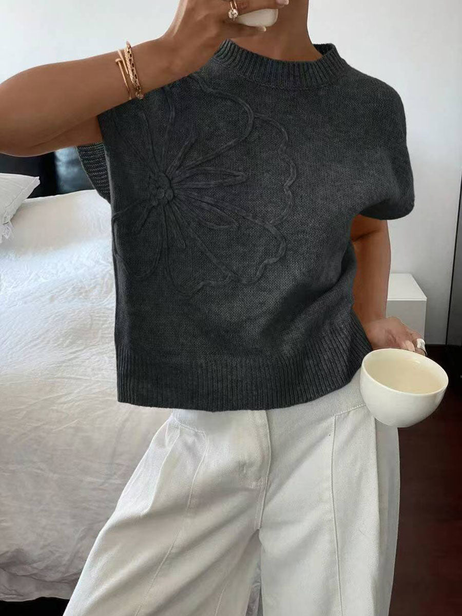 womens-crew-neck-short-sleeve-casual-loose-solid-color-floral-sweater