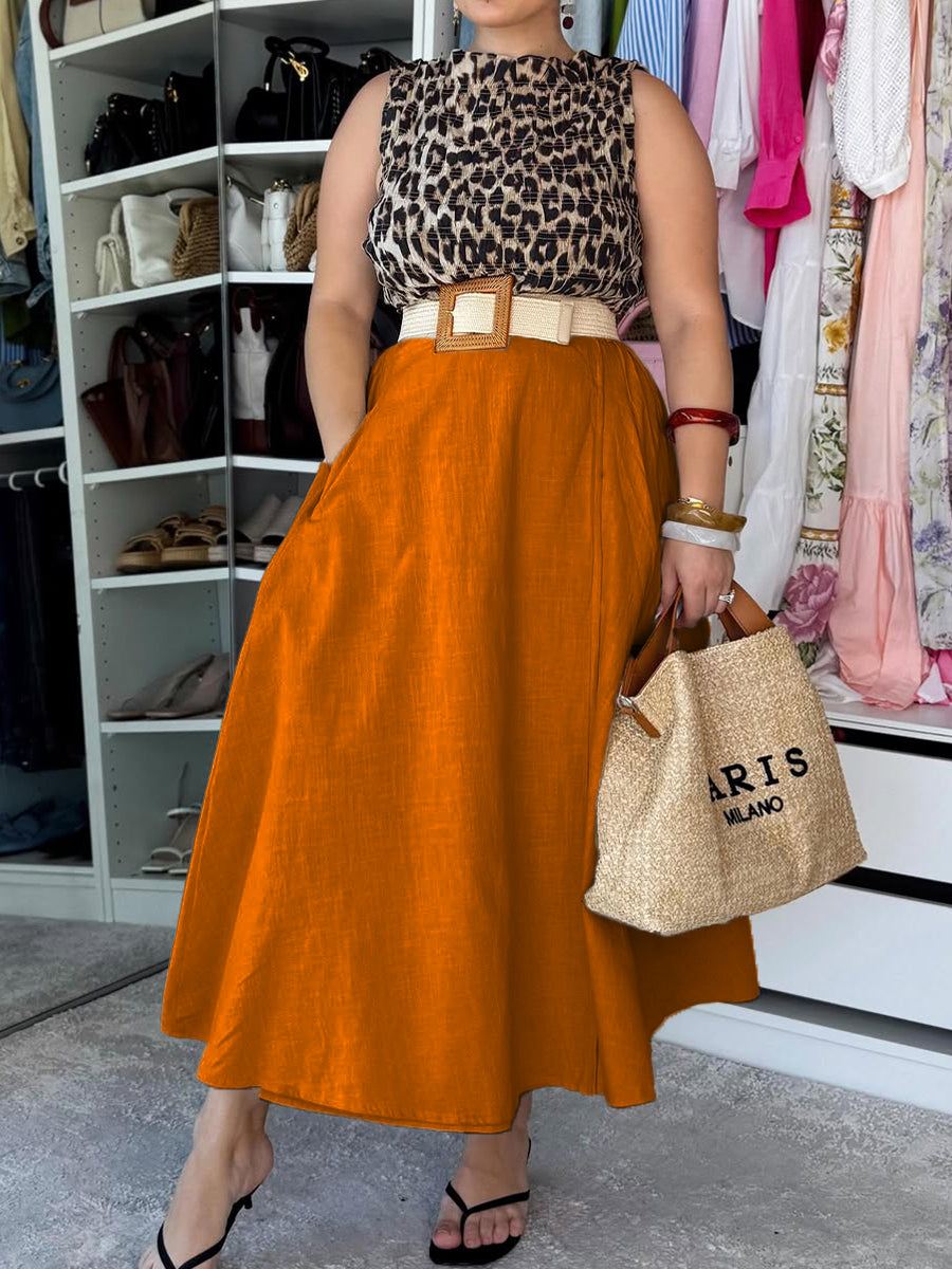 Women's Cotton and Linen Leopard Print Sleeveless Top and Solid Skirt Two-piece Set