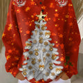 Women's Vintage Christmas Tree Art Print Casual Waffle Henry Collar Sweatshirt