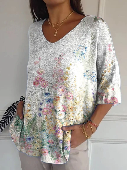 Pull en maille décontractée à motif floral botanique vintage pour femme