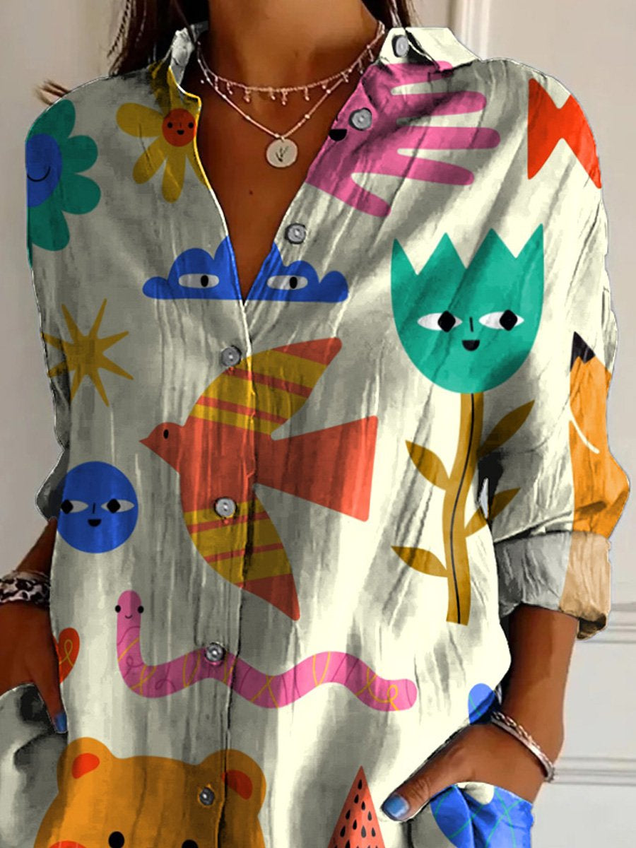 Lovely Cartoon Character Pattern Printed Women's Casual Cotton Shirt