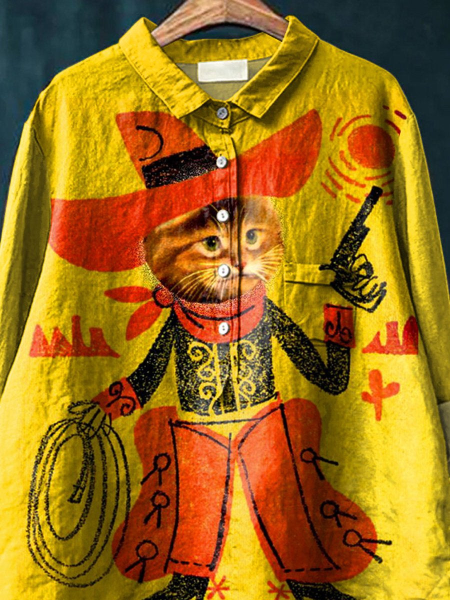 Funny Cowboy Cat Graphic Printed Women's Casual Cotton And Linen Shirt