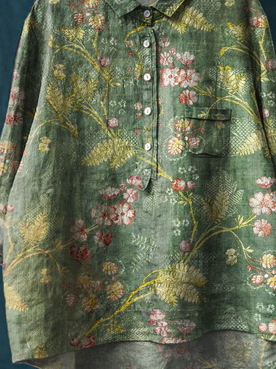 Women's Vintage Floral Art Print Casual Cotton And Linen Shirt
