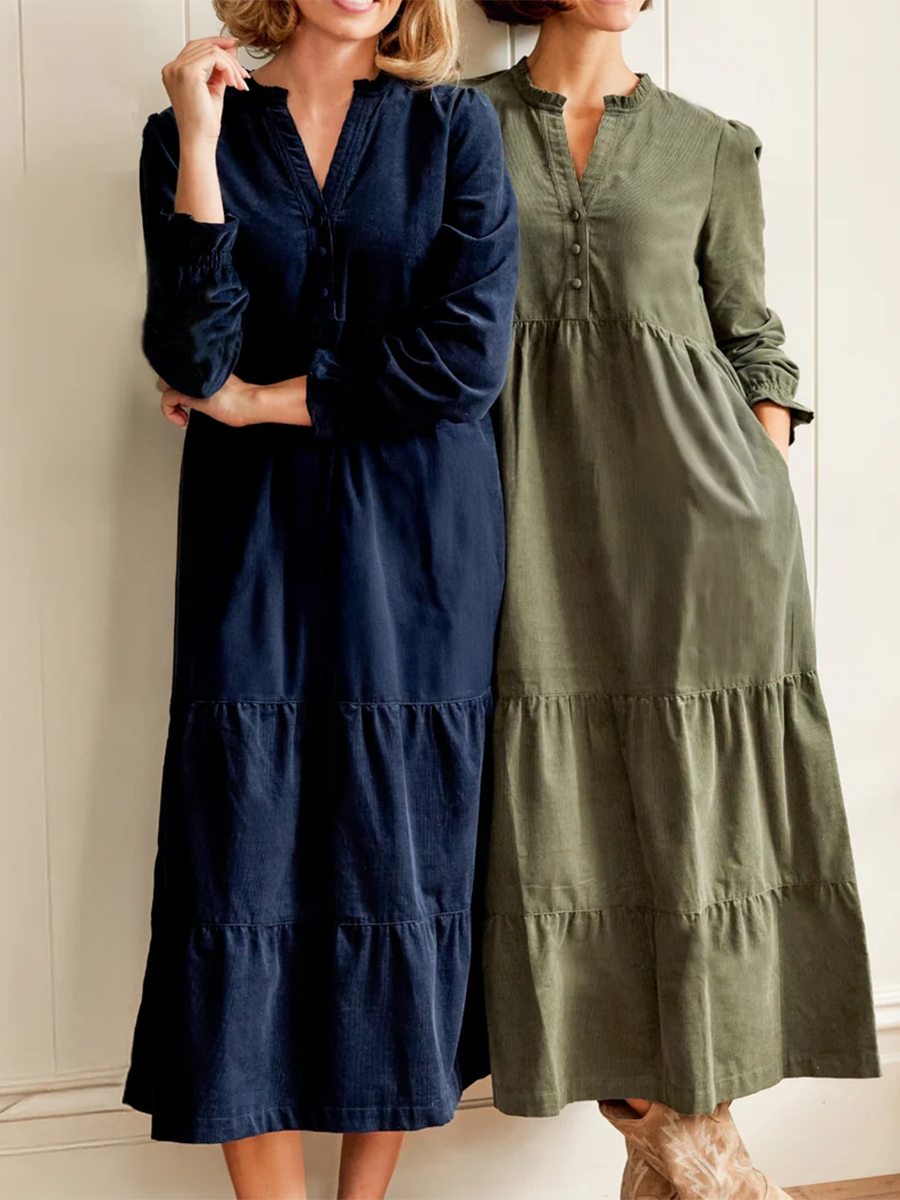 Women's V-neck Solid Color Multi-layered Hem Dress