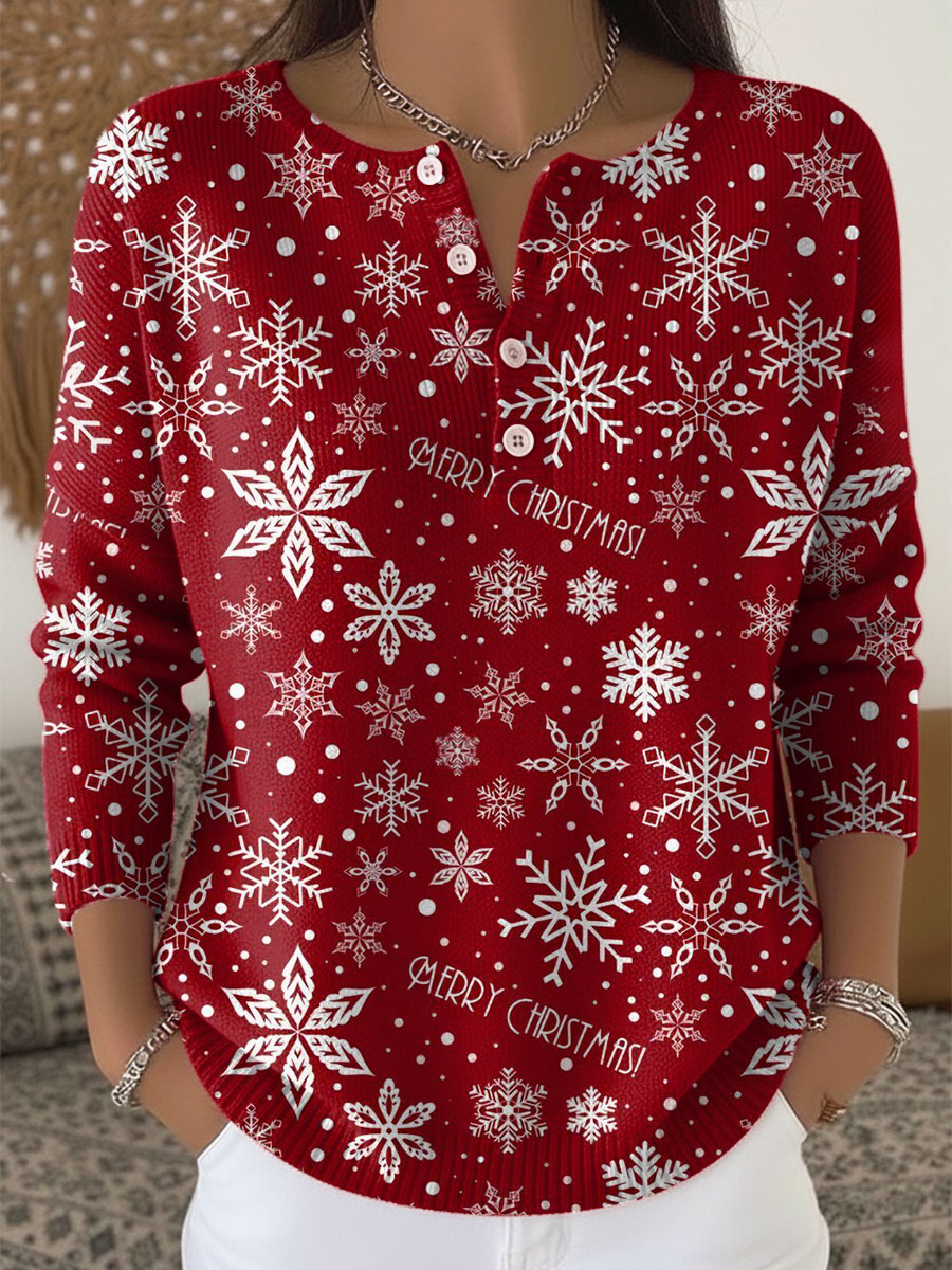 Vintage Christmas Snowflake Art Print Buttoned Cardigan Sweater