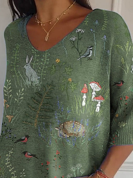 Pull en maille décontractée pour femme, imprimé d'un motif répétitif de forêt et d'animaux.