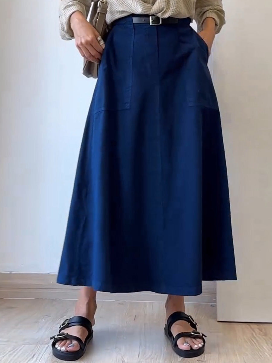Women's Solid Color High Waist Casual Pocket Cotton Skirt