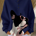Women's Vintage French Bulldog Wearing Sunglasses Art Print Casual Waffle Henry Collar Sweatshirt