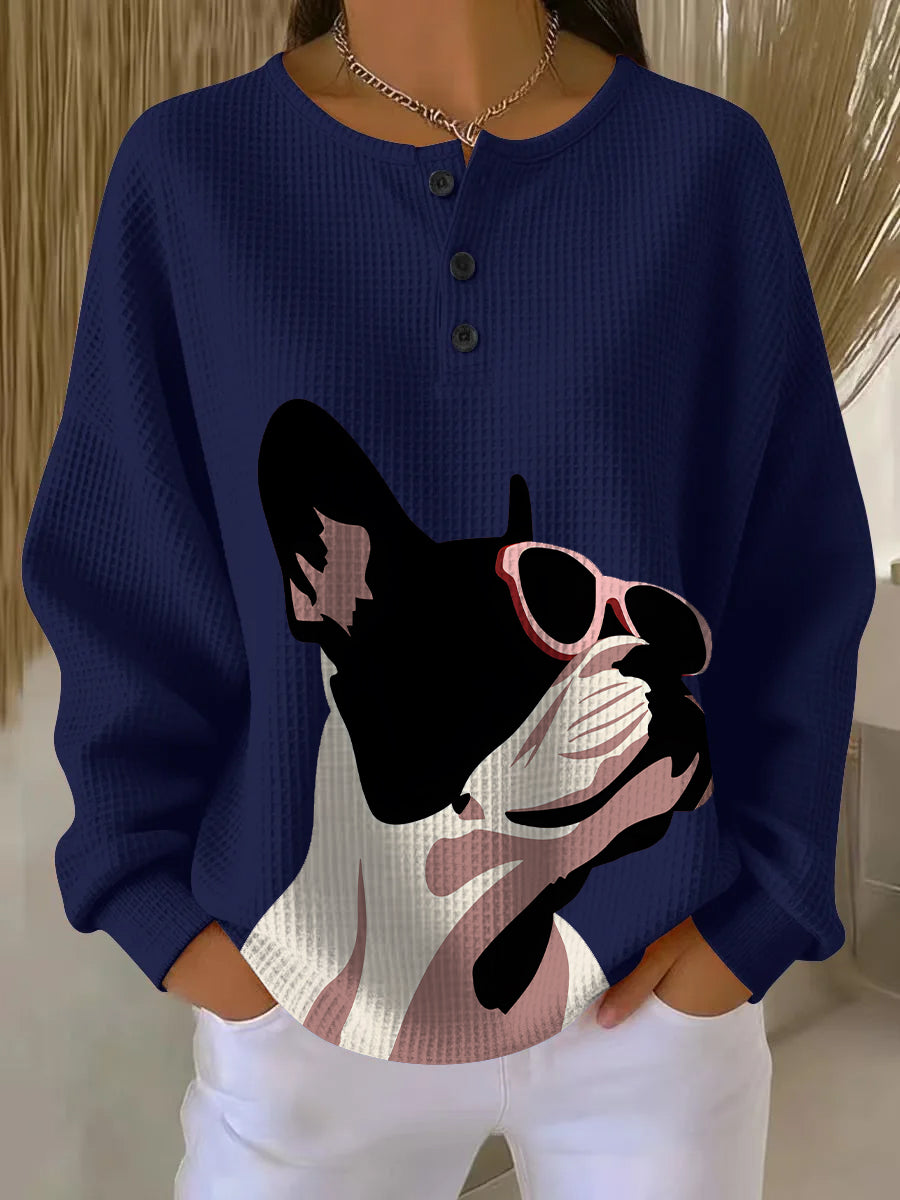 Women's Vintage French Bulldog Wearing Sunglasses Art Print Casual Waffle Henry Collar Sweatshirt