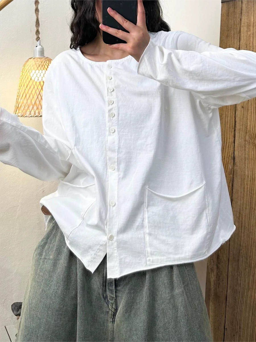 Women's Round Neck Long Sleeve Solid Color Casual Loose Cotton and Linen Shirt