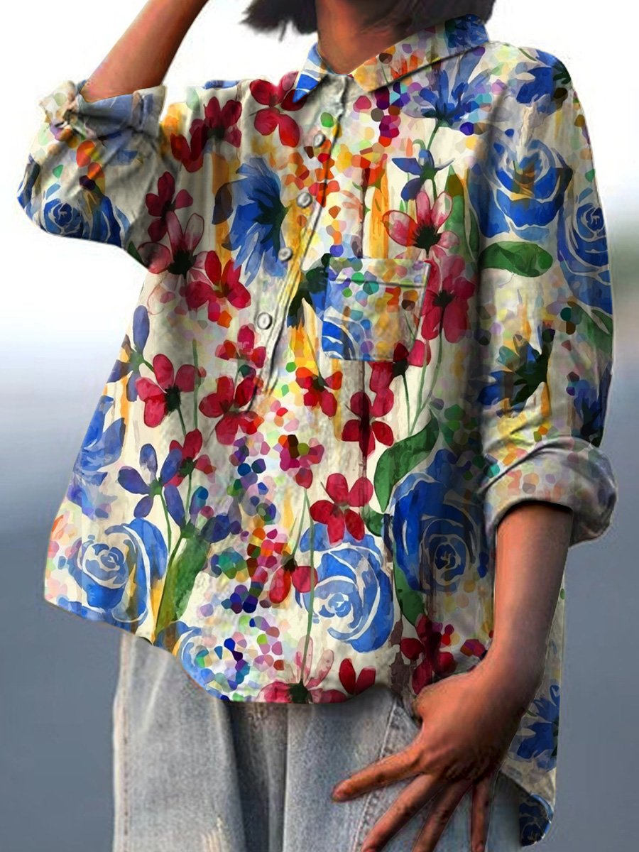 Colorful Watercolor Floral Field Printed Women's Casual Cotton And Linen Shirt