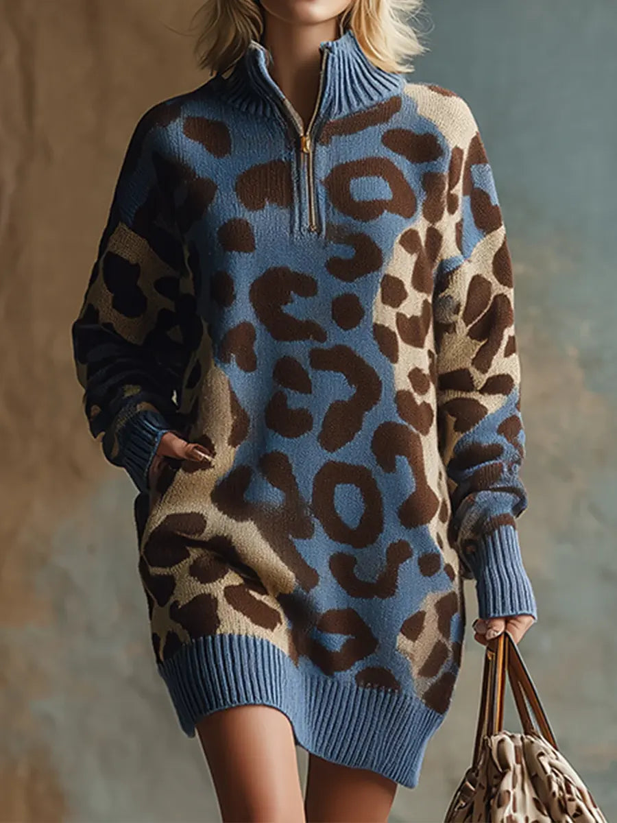 Women's Leopard Print Stand Collar Long Sleeve Casual Loose Knit Dress