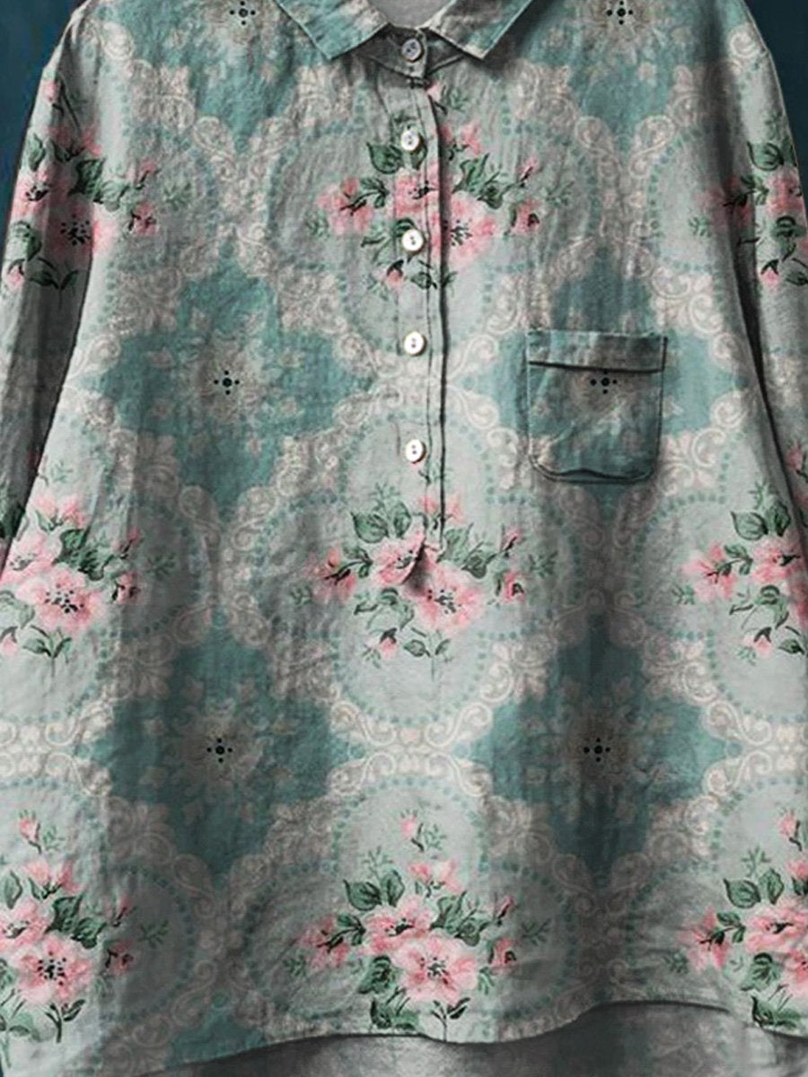 Women's Vintage Floral Art Print Casual Cotton And Linen Shirt