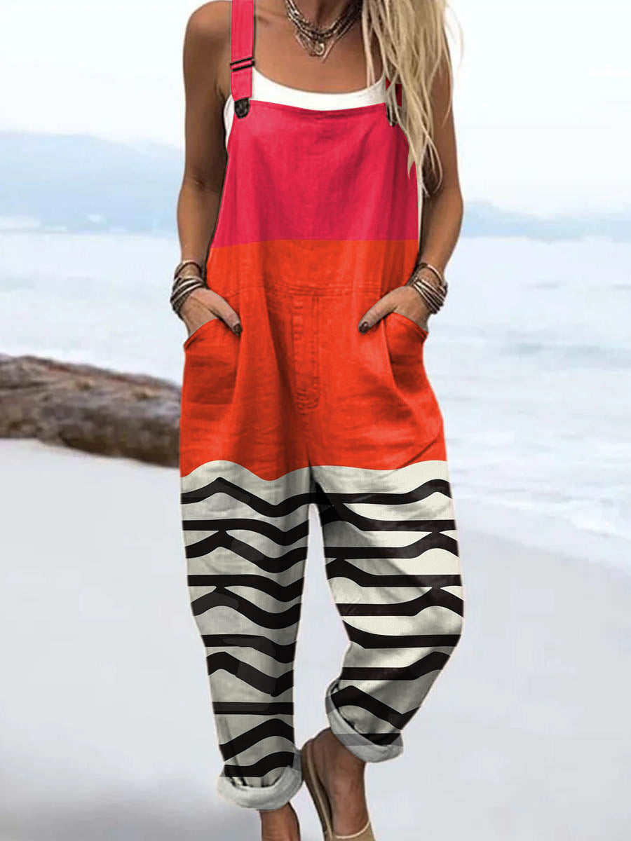 Women's Abstract Line Pattern Art Print Casual 100% Cotton Wide Leg Jumpsuit